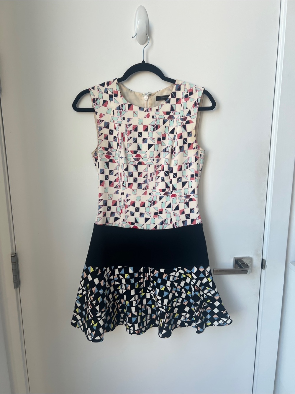 BCBG Sleeveless Geometric Fit-and-Flare Dress in Cream, Black & Multi - Sz 2